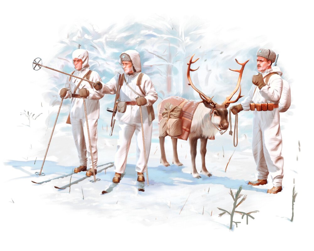 Finnish Riflemen (Winter 1940) (4 figures - 3 rifleman, 1 reindeer)