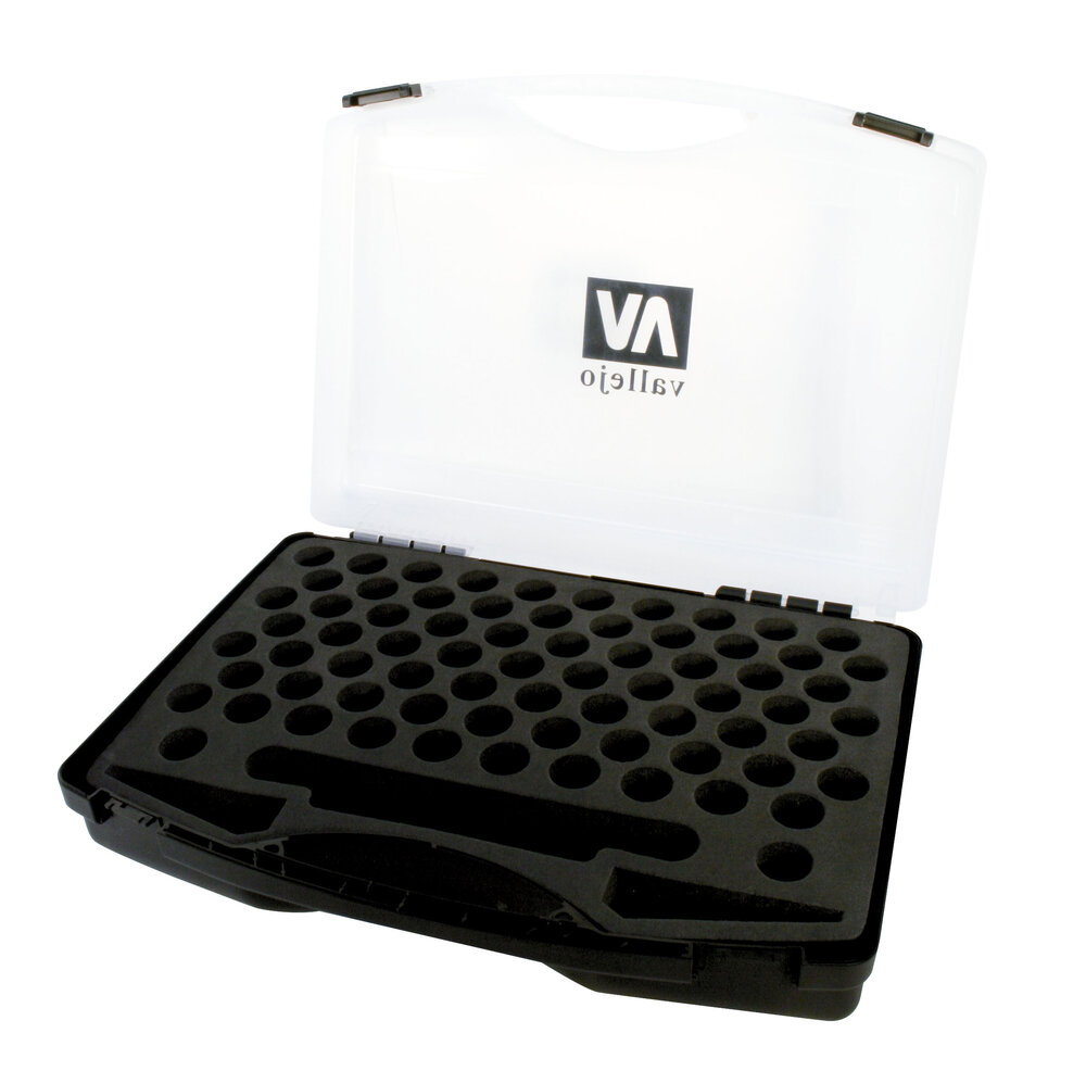 Plastic carrying case with inlay of 72 spaces for 17ml bottles